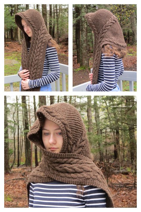 Rustic Cables Hooded Scarf Free Knitting Pattern Hooded Scarf Pattern, Knitted Cowl, Hooded Cowl, Knitting Patterns Free Scarf, Cable Stitch, Hooded Scarf, Knitted Hood, Scarf Knitting Patterns, Knit Cowl