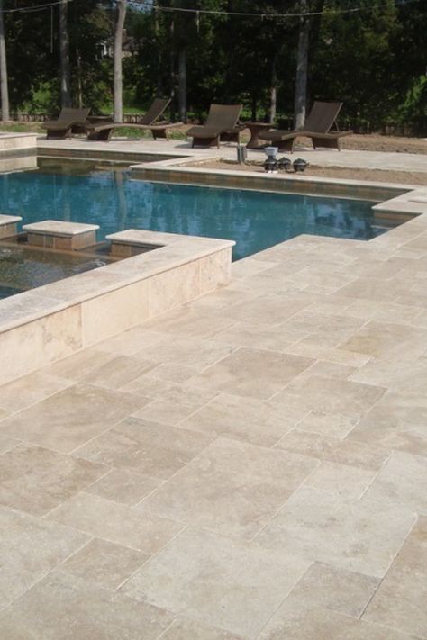 Travertine Pool Deck, Travertine Outdoor, Travertine Pool Decking, Travertine Patio, Pool Decking, Porch Tile, Pool Pavers, Travertine Pool, Travertine Pavers