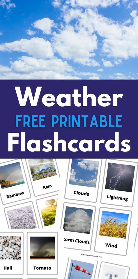 Printable Flashcards with Weather Words! Explore the wonderful world of weather with your kids. Real life photographs with easy to read text. Print and Go learning resources for parents and teachers. Flashcards for preschool, kindergarten, 1st, 2nd, and 3rd grade! Homeschool Weather Chart, Weather Unit Kindergarten, Weather Lapbook, Weather Printables, Weather Kindergarten, Weather Flashcards, Weather Unit Study, Homeschooling Elementary, Weather For Kids