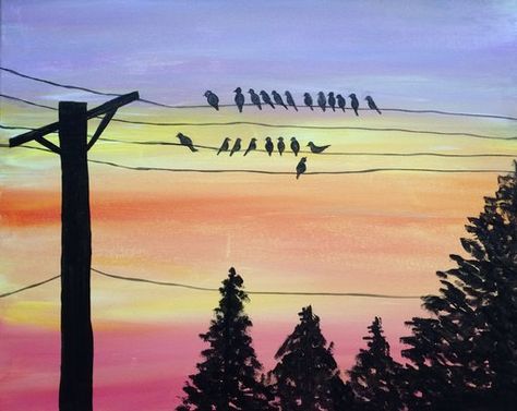 Birds on a Powerline Bird On Wire Painting, Powerline Drawing, Birds On Powerline, Powerline Painting, Birds On A Wire Painting, Mongolian Grill, Painting Stuff, Draw Ideas, Paint Nite