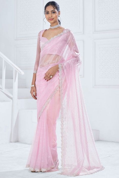 Rose Pink Organza Party Wear Saree Shimmer Saree, Lehenga Choli Wedding, Bollywood Lehenga, Party Wear Lehenga Choli, Organza Silk Saree, Organza Blouse, Baby Pink Colour, Party Wear Saree, Half Sleeve Blouse