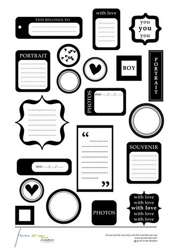 Printable black and white tags for scrapbooking by cassiopee13, via Flickr White Scrapbook, Printable Black And White, Free Printable Planner Stickers, Recipe Scrapbook, Black And White Stickers, Scrapbook Stickers Printable, Scrapbook Printables, Bullet Journal Stickers, Scrapbook Designs