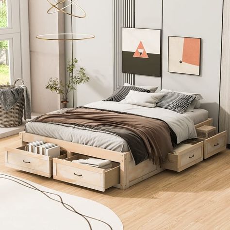 Platform Bed with 6 Storage Drawers - On Sale - Bed Bath & Beyond - 40187610 Full Size Bed Storage, Storage Bed Frame Queen, Cool Toddler Beds, Beds With Storage, Queen Storage Bed, Cluttered Bedroom, Bed Frame With Drawers, Modern Bed Frame, Minimalist Bed