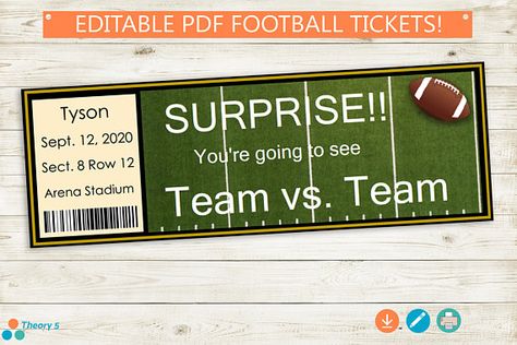 Instantly download and edit these awesome football tickets for your next super bowl party, birthday party, surprise game day tickets, and more! Custom Football Tickets // Adobe Reader Editable PDF // DIY Instant Download, Birthday party invitations, surprise, template, gift, surprise Concert Ticket Gift, Custom Sticky Notes, Custom Tickets, Surprise Ideas, Football Ticket, Game Tickets, Board Pin, Gift Surprise, Custom Football