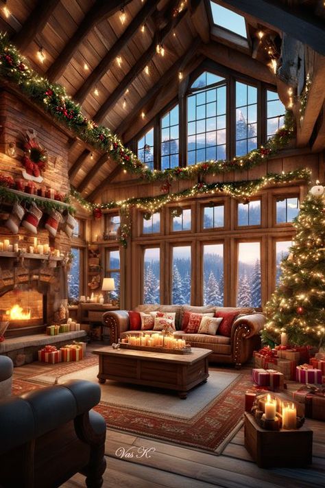 Rustic Cabins - Very nice :) Mountain House Christmas Decor, Mountain House Christmas, Winter Cabin Bedroom Aesthetic, Bloxburg Winter Cabin Interior, Christmas In The Mountains Winter Cabin, Christmas At The Cabin Decorating Ideas, Winter Cabin Christmas, Christmas Aesthetic Interior, Christmas In Mountains