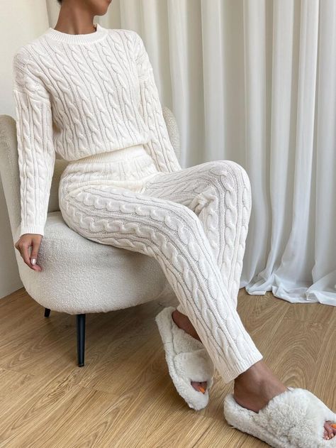 Free Returns ✓ Free Shipping✓. SHEIN Essnce Cable Knit Drop Shoulder Sweater & Knit Pants- undefined at SHEIN. Couture, Knit Jersey Outfit, Cute Home Outfits, Knit Pants Outfit, Knitted Outfits For Women, Madame Chic, Off Shoulder Outfits, Knit Trousers, Plain Pants