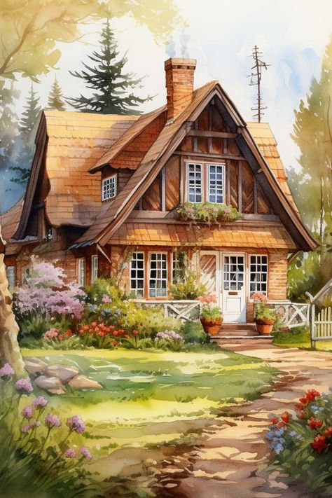 Drawing Of A Cottage, Cottage Homes Drawing, Foto Computer, Dream Cottage House, Cottage Art Painting, House Painting Art, House Painting Ideas, Little Cottage House, Cottagecore Houses