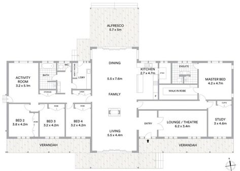 Floor Plan Friday: 5 bedrooms, open plan living House Plan With 5 Bedrooms, Floor Plans With Separate Kitchen, 5 Bedroom Metal House Plans, Open Living Floor Plan, Split Barndominium Floor Plans, House Layout 5 Bedrooms, Homestead Floor Plans, House Layout Plans 5 Bedroom, Open Plan Floor Plan