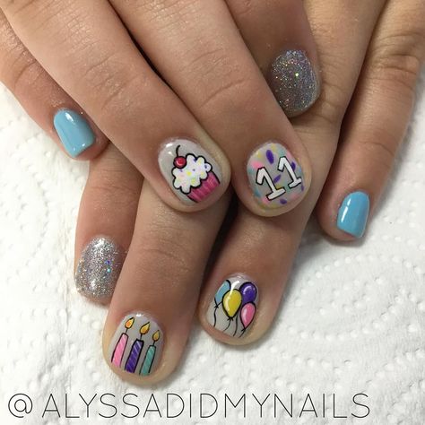 11th Birthday Nails #birthday #birthdaynails #gel #gelmanicure #manicure #freehand #awesomenailart #nailart #nailsdid #bocanailart… Birthday Cake Nails Design, 17th Birthday Nail Ideas, Birthday Cake Nails, Fun Birthday Nails, Birthday Manicure, Birthday Nail Ideas, Cake Nails, Birthday Nails Ideas, Birthday Nail Art