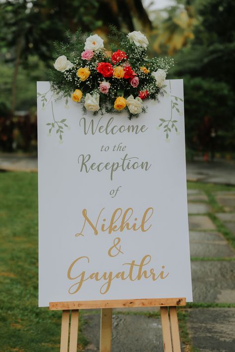 Wedding Welcome Boards, Wedding Name Board, Wedding Entrance Decoration, Entrance Decoration Ideas, Wedding Decorations Reception, Reception Stage Decor, Name Board, Indian Reception, Wedding Welcome Board