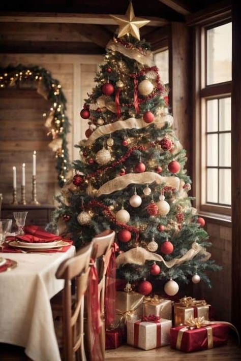 This holiday season, create a heartwarming ambiance with a rustic red and gold Christmas tree. Wrap your tree in burlap ribbons and adorn it with country-inspired red and gold ornaments for a cozy, homespun feel. Christmas Tree Wrap, Gold Christmas Tree Ideas, Red And Gold Ornaments, Red And Gold Christmas, Red And Gold Christmas Tree, Burlap Christmas Tree, Cosy Christmas, Christmas Tree Ideas, Red Ornaments