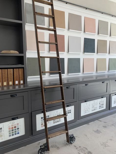 Paint Shop Interior Design, Drop Ceiling Makeover, Cabinet Showroom, Roman Clay, Design Center Showroom, Lime Wash, Restroom Design, Deck Paint, Focal Wall