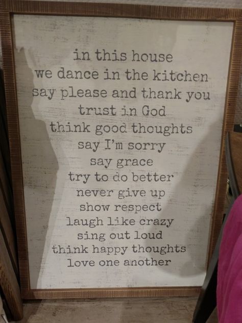 In this house we dance in the kitchen...Found at altar'ed state, need to diy soon <3 House rules. Dance In The Kitchen, Dancing In The Kitchen, Sing Out, Kitchen Quotes, Think Happy Thoughts, In This House We, In This House, House Rules, Kitchen Signs