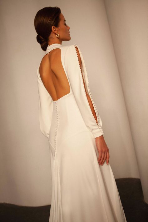 Wedding Dress High Neck Sleeves, Long Sleeve Minimalist Wedding Dress Mermaid, High Neck Long Sleeve Silk Wedding Dress, Halter Neck Long Sleeve Wedding Dress, Ivory Crepe Wedding Dress, Wedding Dresses Mock Neck, Minimalistic Long Sleeve Wedding Dress, Longsleeve Open Back Wedding Dress, Open Sleeve Wedding Dress