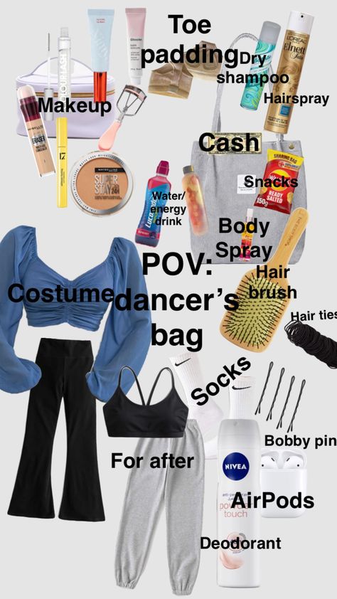 #dance #bag #whattopack #makeup #competition #costume #vibes Makeup Ideas For Dance Competition, What To Keep In Dance Bag, Dance Comp Checklist, What To Pack In Dance Bag, Preppy Dance Competition, Dance Makeup Bag, Makeup For Dance Competition, Dance Recital Checklist, Competition Dance Bag Essentials