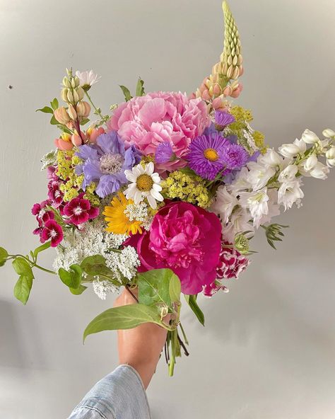 Colourful bridal bouquet using British flowers. Artificial Flowers Bridal Bouquets, Fun Flower Bouquet, Bride Bouquet Wildflower, Multi Coloured Bouquet, Vibrant Bridesmaid Bouquet, Bright And Colourful Bridal Bouquet, Small Colourful Bouquet, Multi Color Flower Bouquet, Colorful Bouquet Prom