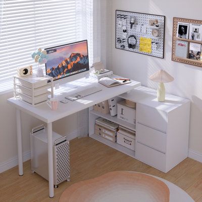 If you are looking for a small home desk with ample surface and storage space in a room's corner, especially for limited space, this is it! The 47-inch wide desktop of the desk comes with 2-tier open shelves, providing accessible spaces for essential office supplies. At the same time, the 3 drawers are ideal for storing your important files or private belongings. The spacious upper open shelf can also be used as a printer stand holding printers, scanners, fax machines, or any other office machin Corner White Desk, Round Corner Desk, Big White Desk, Home Office Design Small Space, Small Home Office In Bedroom Ideas, Bedroom With Computer Desk, Office With Desk In Middle Of Room, Ikea L Desk, Small Office Space In Living Room