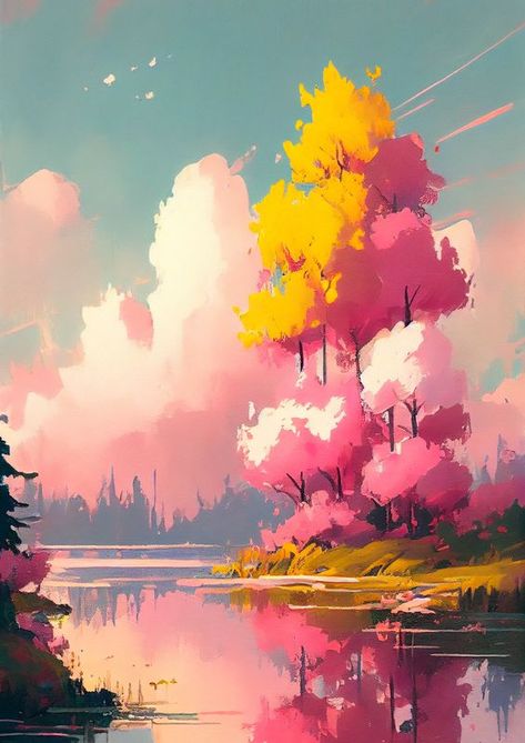 A Glimpse of Paradise: Painting About the Outdoors Day Dream Art, Cute Landscape Illustration, Dream Aesthetic Art, Digital Art Clouds, Dream World Art, Digital Art Water, Scenes To Paint, Digital Art Simple, Dreamscape Art