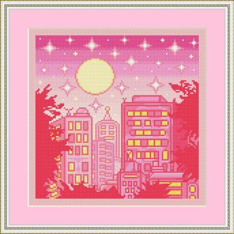 Kawaii, Pixel Art Cross Stitch, Pink Pixel Art, Tokyo Cityscape, Stitch Kawaii, Art Cross Stitch Patterns, Anime Cross Stitch, Cute City, Pink Cross Stitch