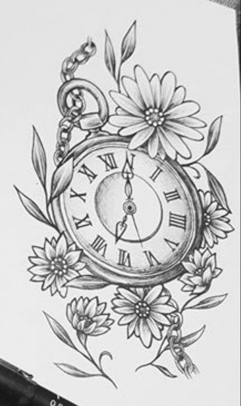 "I'm late I'm late." Daisies for the beginning of the movie move the time to 5 o'clock. Alice and Wonderland tattoo #men'swatch #men's #watch #clothes Tattoos Clock, Pocket Tattoo, Pocket Watch Tattoo Design, Clock Tattoos, Tattoos Face, Tatu Baby, Valley Tattoo, Watch Tattoo Design, Drawing Tattoos