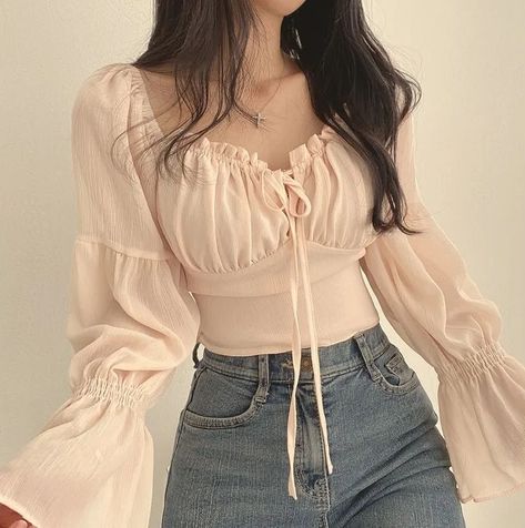 Korean Blouse, Korean Tops, Women Chiffon Blouse, Fancy Tops, Quick Outfits, Trendy Fashion Tops, Elegant Blouses, Tie Front Blouse, 인물 사진