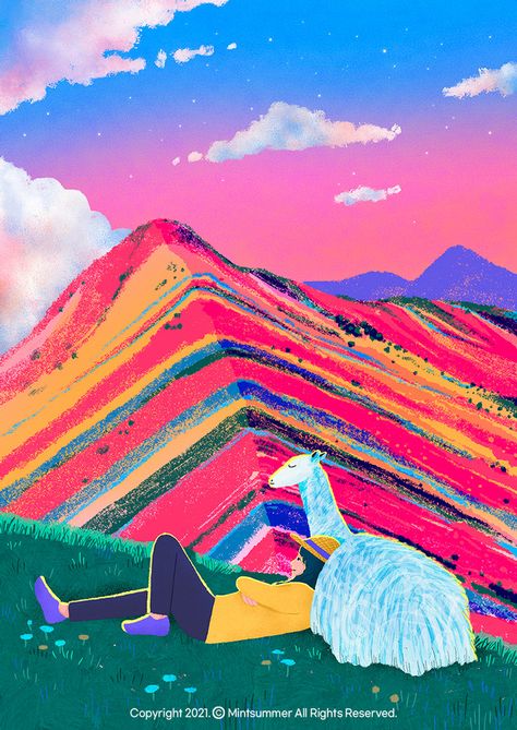 Rainbow mountain | HOME Rainbow Mountain Painting, Peru Drawing, Rainbow Mountains China, Rainbow Mountains Peru, Dp Ideas, Peruvian Art, Mountain Illustration, Rainbow Mountain, America Latina