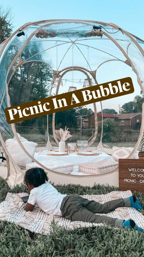 Picnic In A Bubble 🧺 | Backyard dinner party, Bubble tent, Backyard party Picnic Tent Ideas, Date Picnic Ideas Romantic, Tent Date Night, Night Time Picnic, Picnic Business, Picnic Party Decorations, Picnic Setup, Backyard Dinner Party, Luxury Picnic