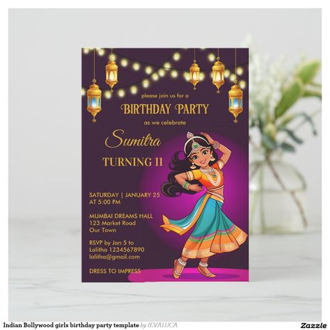 Indian Bollywood girls birthday party editable template invitation instant digital download, cute Indian girl dance pose for Indian themed birthday party, purple and gold theme Purple And Gold Theme, Birthday Party Purple, Birthday Party Template, Dance Pose, Template Invitation, Party Template, Gold Theme, Our Town, Indian Girl