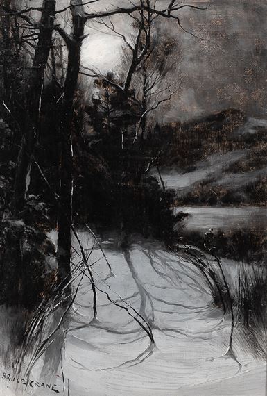 Artwork by Bruce Crane, Moonlit Landscape in Winter, Made of Oil on canvasboard Gothic Art, Moonlit Landscape, The Long Dark, Dark Paintings, Autumn Landscape, Winter Art, Winter Landscape, Magazine Art, Art Market