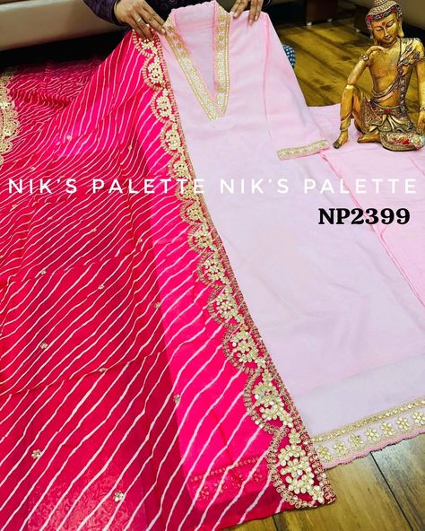 Premium 3 pc russian silk suit set with gota and zari work on neck, sleeves ,hemline and on pants.. Paired up with lehriya pure organza dupatta with work on it.. Sizes 42 44 46 Sale 2099 freeship Rit *Do not accept without NP kurtis sticker* Elite Fashion, Silk Suit, Zari Work, Organza Dupatta, Working On It, Suit Set, Work On, Silk, Pure Products