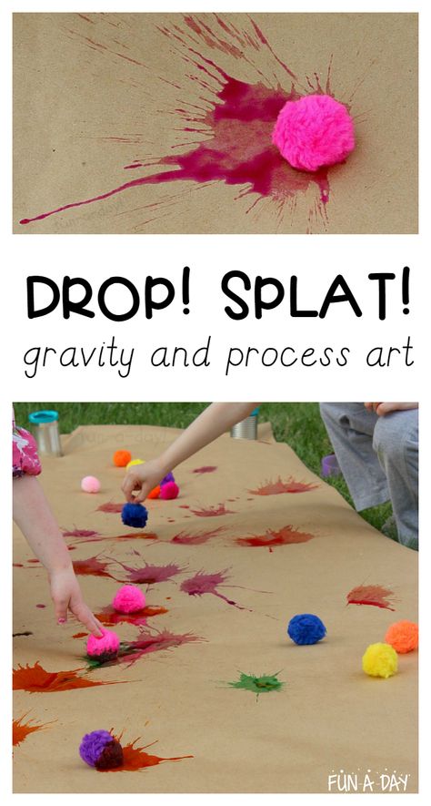 Hands-on fun way for kids to explore gravity. Great mix of science and art for young kids. Science Crafts For Infants, Ece Science Activities, Imagination Lesson Plan For Preschool, Art For Early Childhood, Activities About Balls For Preschool, Ece Activities Art, Outdoor Art Eyfs, Week Of Young Child Art, Art Activity For Infants