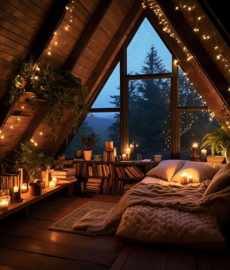 Coziness from inside & outside✨ AI generated images via @cozyhomeshots #cozyhomeshots #dailydecordose #moderninteriors #moderndecor… | Instagram House In Woods Interior, Cozy Book Nook Aesthetic, Cool Attic Rooms Bedrooms, Cozy Home Design Ideas, Cosy Reading Aesthetic, Home Theme Ideas, Cozy House Inspiration, House Aesthetic Inside, Cozy Corner Bedroom Aesthetic