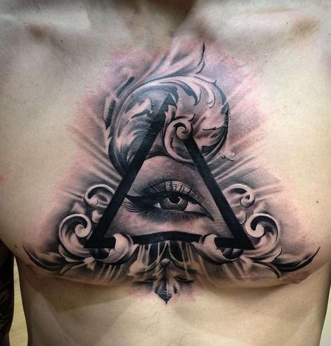 Chest Piece Tattoo by Matt Lunn Eye Tattoo On Chest, Eye Tattoo Chest, Eye Chest Tattoo, 3rd Eye Tattoo, Seeing Eye Tattoo, Traditional Chicano Tattoos, Eye Tattoo Meaning, Lettrage Chicano, Egyptian Eye Tattoos