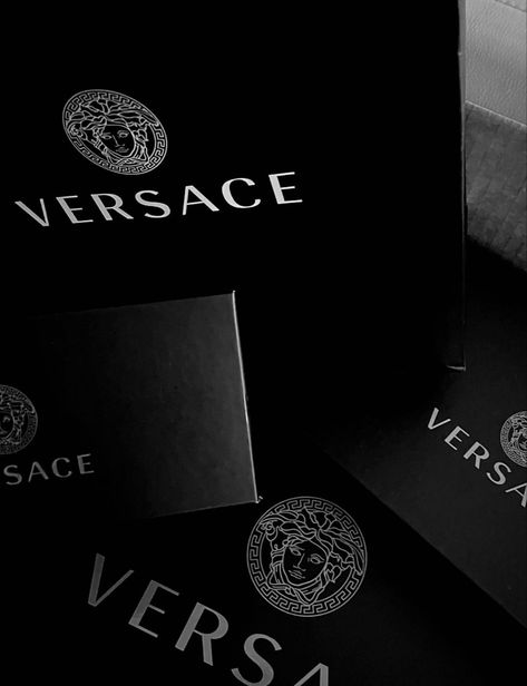 Luxury Lifestyle Black Aesthetic, Versace Black And White Aesthetic, Expensive Vibes Aesthetic, Black Aesthetic Brands, Rich Aesthetic Shopping, High Fashion Brands Aesthetic, Versace Gift Box Aesthetic, Famous Brands Aesthetic, Luxury Designer Aesthetic