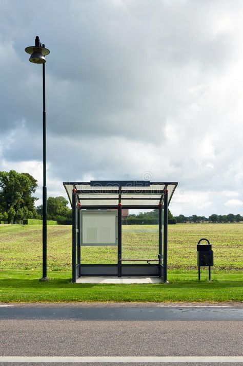 Empty Bus Stop. A bus stop is depicted standing in front of a field. Dark clouds , #AD, #depicted, #stop, #front, #standing, #Bus #ad Abandoned Bus Stop, Bus Station Photography, Bus Stop Bloxburg, Bus Stop Background, Bloxburg Bus Stop, Japanese Bus Stop, Bus Stop Sketch, Bus Reference, Bus Stop Drawing