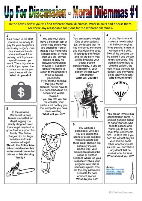 Up For Discussion - Moral Dilemmas #1 - English ESL Worksheets Mole Project, Teaching Ethics, Reasoning Activities, Critical Thinking Activities, Activity Worksheet, Moral Dilemma, Values Education, Speaking Activities, Math Test