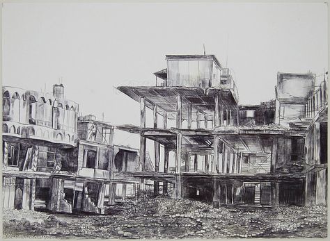 Untitled | Oldfield Ford, Laura | V Search the Collections - Laura Oldfield Ford is incredible at drawing... Leon, Ruins, Laura Oldfield, Frank Bowling, Laura Grace, Contemporary Drawing, Personal Investigation, Urban Landscapes, Background Drawing