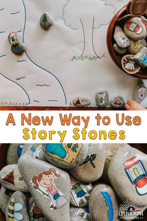 A New Way to Use Story Stones • Little Pine Learners Reggio Emilia Story Telling, Montessori, Story Telling Props Ideas, Story Telling Presentation, Story Provocations, Preschool Steam, Story Baskets, Preschool English, Story Telling Activities