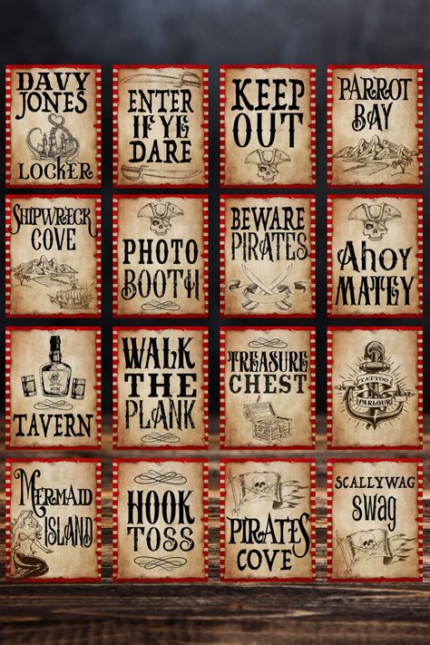Pirate Tattoo Parlor, Pirates Dinner, Trunker Treat Ideas, Pirate Printables, Pirate Quotes, Pirate Unit, Pirate Signs, Mermaid Pirate Party, Pirate Party Favors