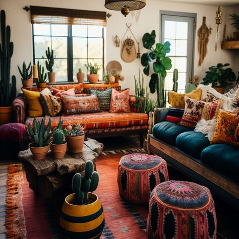 vibrant textiles, lush green plants, eclectic vintage decor, bohemian home decor Colourful Boho Home, Bohemian Jungle Living Room, Boho Eccentric Decor, Bohemian Vintage Eclectic Decor, Bohemian Maximalist Decor Bedroom, Cozy Retro Living Room, Vintage Maximalism Living Room, Jungalow Decor Living Room, Jungalow Living Room