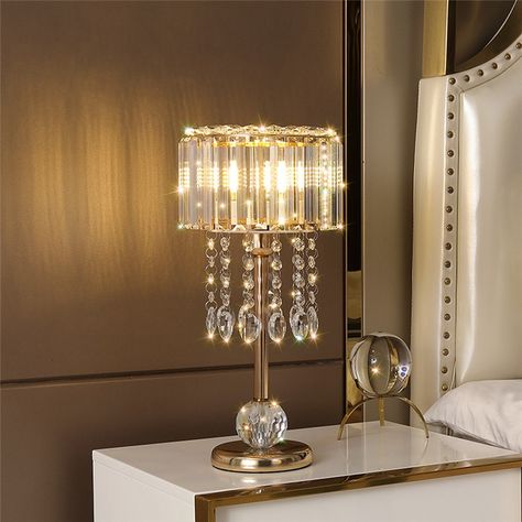 Crystal Bedside Table Lamp Decorative Nightstand Lamp With Elegant Shade For Bedroom Glass Bedside Tables, Fancy Bedside Table, Chandelier Table Lamps, Crystal Lamp Shade, Crystal Lamps Bedroom, Lamp Fancy, Crystal Bedside Table, Fancy Lamp, Cristal Lamp