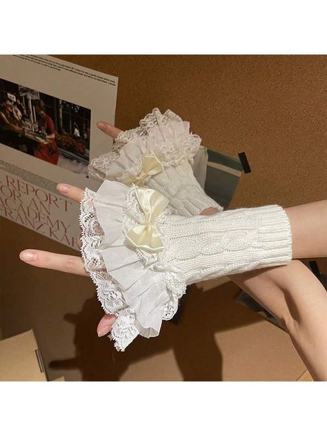 White  Collar  Acrylic   Embellished   Women Accessories Fairy Gloves, Clothing Collage, White Dreads, White Y2k, Fancy Gloves, Gloves Outfit, White Goth, Elegant Gloves, Butterfly Knot