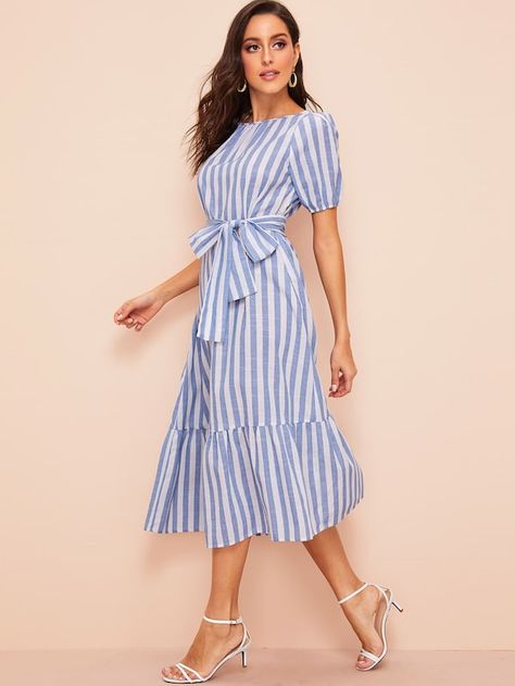 Pleated Detail Belted Flippy Hem Striped Dress | SHEIN USA Spring Business Casual, Striped Wide Leg Pants, Stripe Outfits, Dress Sash, Belted Shirt Dress, Round Neck Dresses, Vertical Stripe, Latest Dress, Dresses For Teens