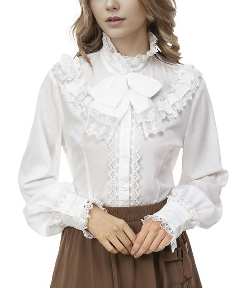 PRICES MAY VARY. [STYLE]: long sleeve ladies blouse with a unique blend of vintage, Victorian, renaissance and steampunk elements. [FEATURES]: button placket, stand-up collar design, big bow, ruffles, cute lantern sleeves, vintage lace, lovely gothic lolita style. [Material]: made of skin-friendly, breathable, lightweight, soft polyester fabric, slim fit wearing comfortable. [Occasions]: Suitable for role-playing parties, masquerade parties, Halloween themed parties, steampunk gatherings, renais Lolita Style, Cute Lantern, Steampunk Elements, Victorian Shirt, Ruffled Tops, Stand Collar Blouse, Gothic Costume, Victorian Blouse, Ladies Blouse