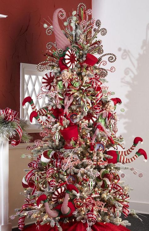 Elf Peppermint Tree...these are the most Creative Christmas Trees! Elf Christmas Tree, Whimsical Christmas Trees, Pinterest Christmas, Peppermint Christmas, Creative Christmas Trees, Red Christmas Tree, Christmas Tree Inspiration, Fabulous Christmas, Trendy Tree