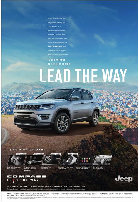 jeep-compass-lead-the-way--ad-times-of-india-bangalore. Check out more Car Advertisement Collection at https://www.advertgallery.com/product-category/advertisements-by-category/automotive Car Advertisement, Car Advertising Design, Car Logo Design, Customer Journey Mapping, Automobile Advertising, Social Media Advertising Design, Ad Car, Car Advertising, Jeep Compass