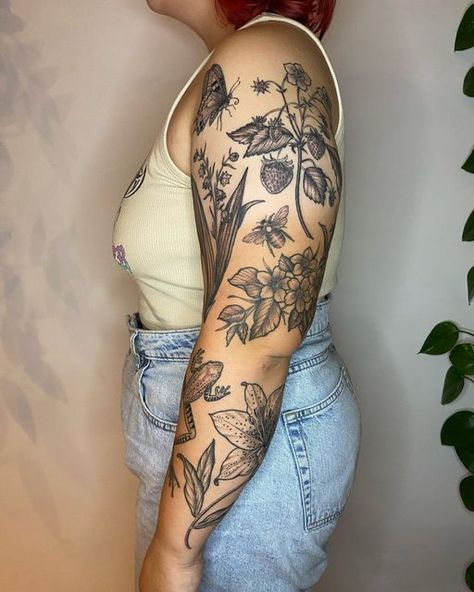 Floral sleeve tattoo. Patchwork, Healed Sleeve Tattoo, Garden Patchwork Tattoo, Theme Tattoo Sleeve Women, Plant Patchwork Sleeve Tattoo, Nature Themed Sleeve Tattoo Patchwork, Plus Size Tattoo Sleeve, Nature Tattoo Patchwork, Botanical Floral Tattoo