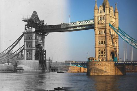 Tower BridgeLondon's most iconic bridge, under construction in the late 19th century, blends into today's finished product Past And Present Photography, Past And Present Art, Historic London, Gcse Photography, Ghost Of Christmas Past, London History, London Christmas, Past Present Future, London Photography