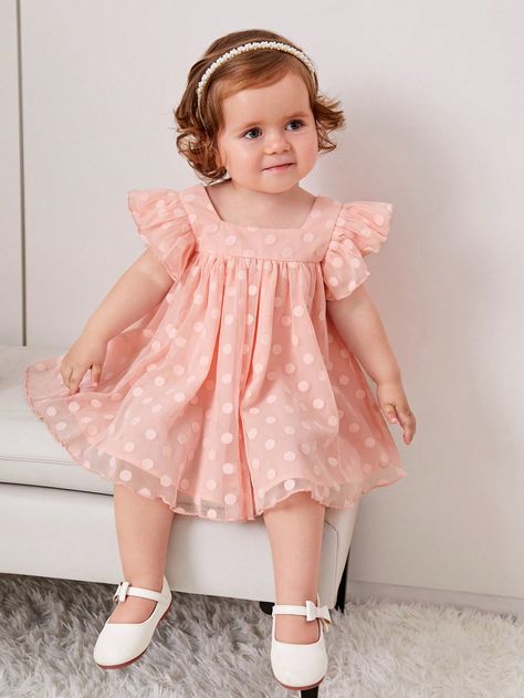 Baby Pink  Collar Cap Sleeve Mesh Fabric Plain Smock Embellished Non-Stretch  Baby Girls Clothing Crochet Baby Dress Pattern, Kids Dress Wear, Kids Dress Patterns, Baby Dress Design, Baby Dress Patterns, Girls Frock Design