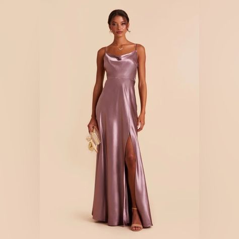 Our Satin Midi Got A Glow-Up! Lightly Draped Cowl Neck Invisible Zipper On The Side Fully Lined Floor-Length Skirt With Slit No Bra Cups Unlike Our Other Bridesmaid Dresses, Our Satin Gowns Do Not Come With Pockets 100% Polyester Shell And Lining Slit Size S Length Approximately 60 In Pit To Pit Approximately 16.5 In Nwt Never Worn No Damages Long Satin Dress, Mauve Bridesmaid, Mauve Bridesmaid Dress, Satin Gowns, Satin Bridesmaid Dress, Birdy Grey, Dark Mauve, Purple Bridesmaids, Grey Dresses